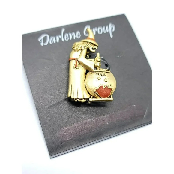 Halloween Witch Cauldron Halloween Gold Tone Enamel Darlene Group Pin Brooch - Picture 2 of 4